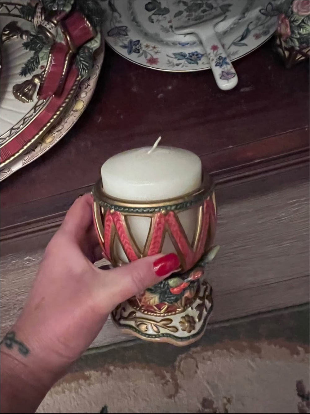 Fitz and Floyd Decorative Red and Gold Ceramic Candle Holder set